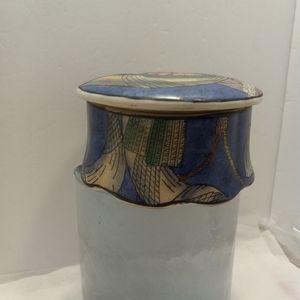 VINTAGE Asian Trinkets Box Porcelain Ceramic Blue & Pink With Ruffled Edges